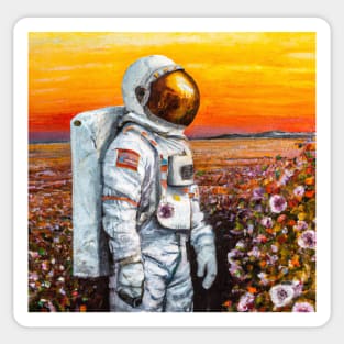 Astronaut with sunflowers - surreal landscape Sticker